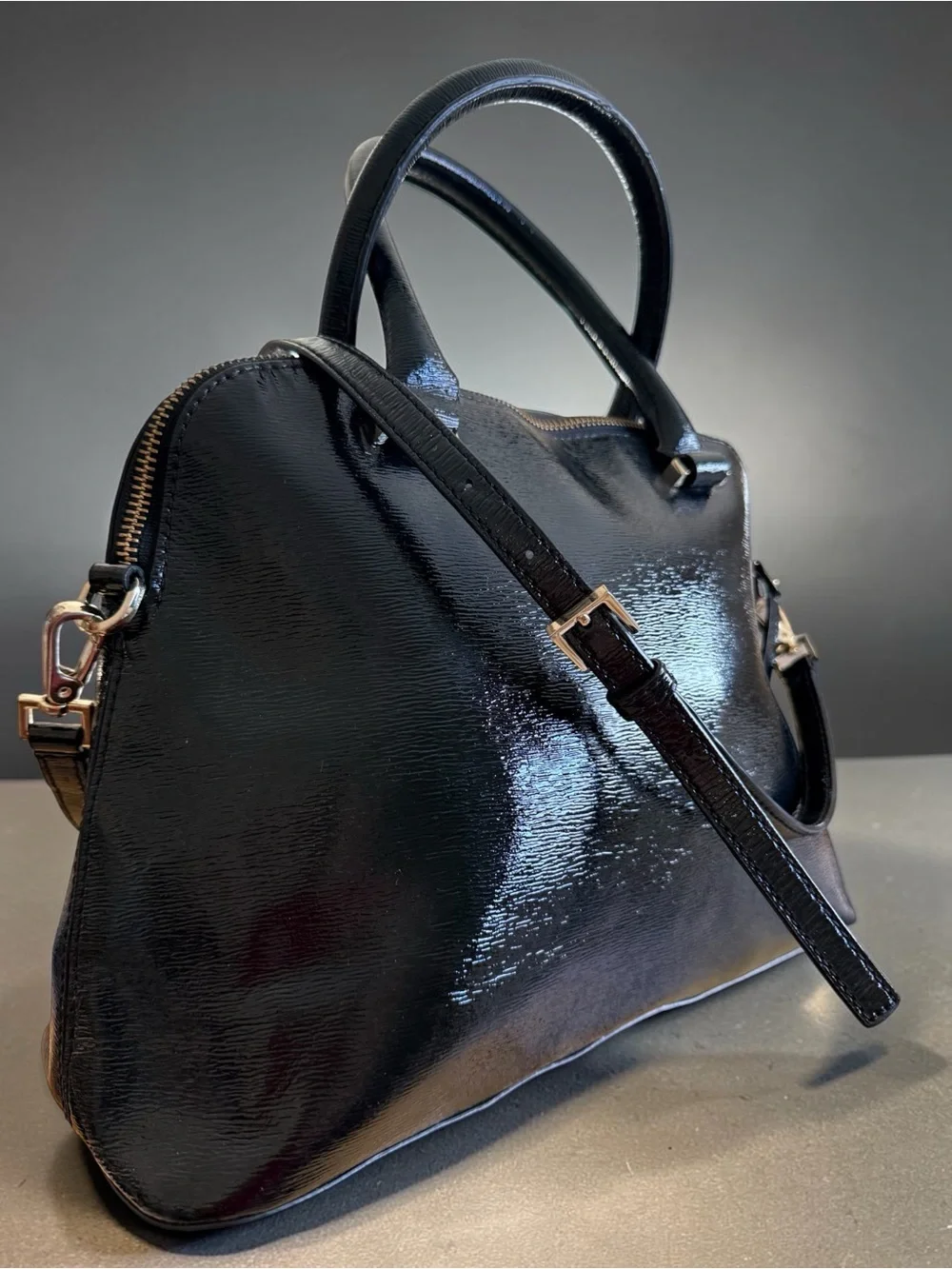 Kate Spade New York Black Patent Leather Satchel Crossbody Bag Zip Top Gold Logo